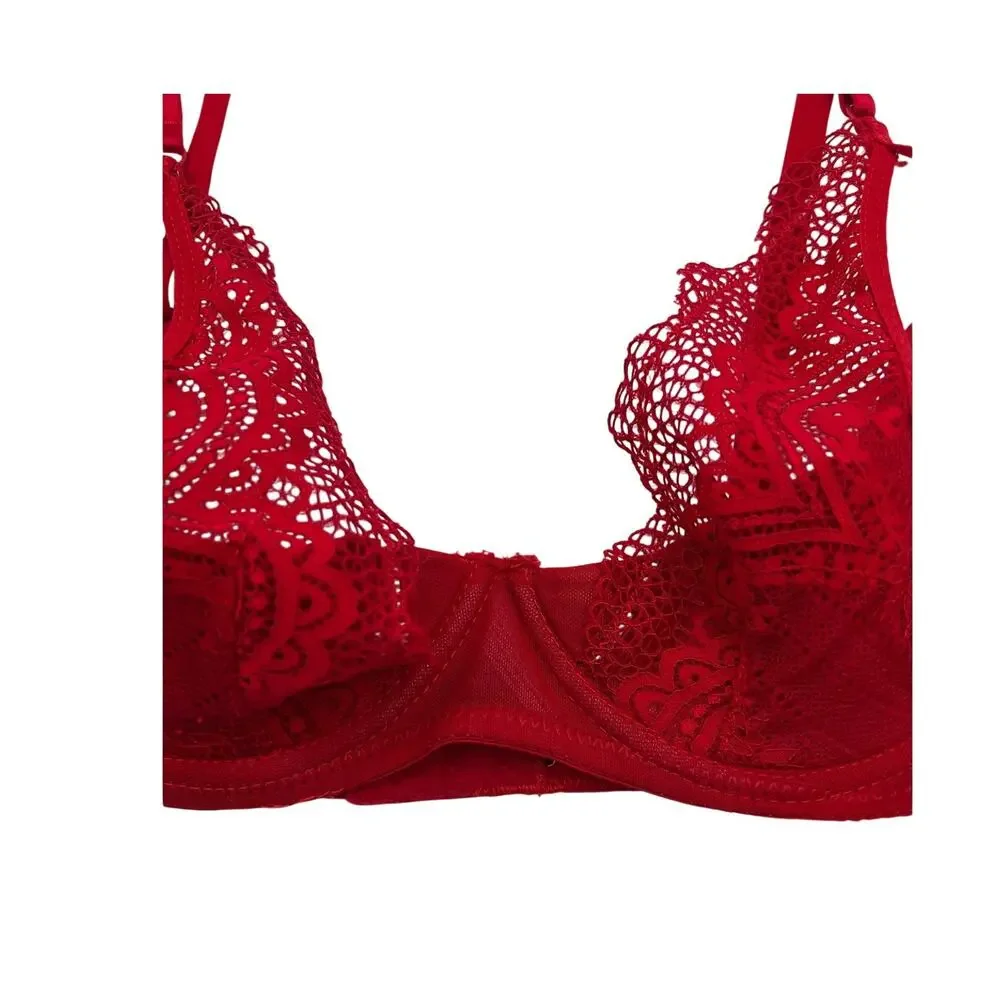 Adore Me Bra Lace Plunge Lightly Padded Underwire Back Closure Red 32C